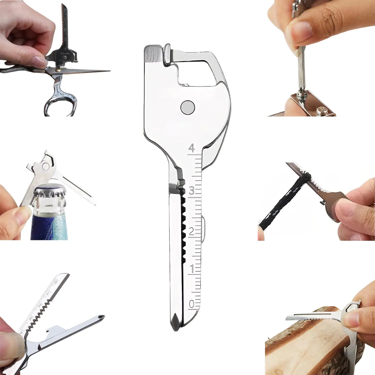 DABATR 6-in-1 Stainless Steel Keychain Multi Tool – Bottle Opener, Mini Ruler, Flat & Phillips Screwdriver, Rope Cutter, EDC Pocket Tool