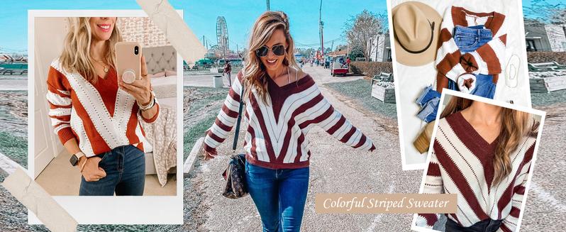 PrettyGarden Women's V Neck Stripe Color Block Loose Oversized Pullover Crochet Sweater Casual Fabric