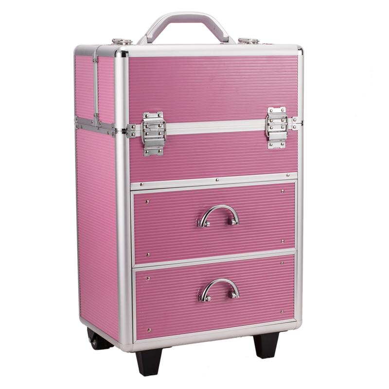 4 Tier Lockable Cosmetic Makeup Train Case with Extendable Trays Pink Aluminum Frame Travel Companion Secure Storage Stackable 6 Drawers Adjustable Handle