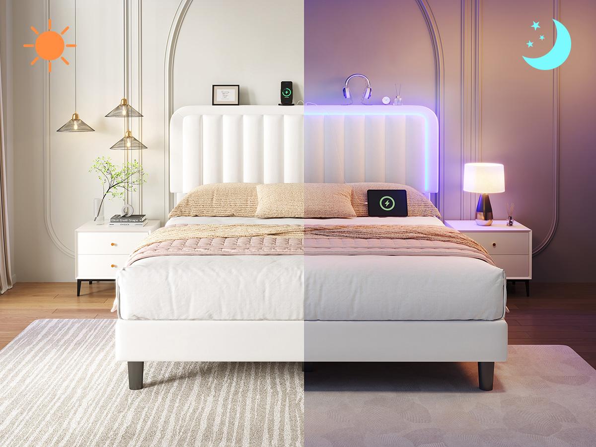 TryLazy Modern Bed Frame with RGB LED Lights No Mattress Luxury Velvet Headboard 1 USB 1 Type-C Charging Ports Smart APP Remote Control No Box Spring Full Queen Size