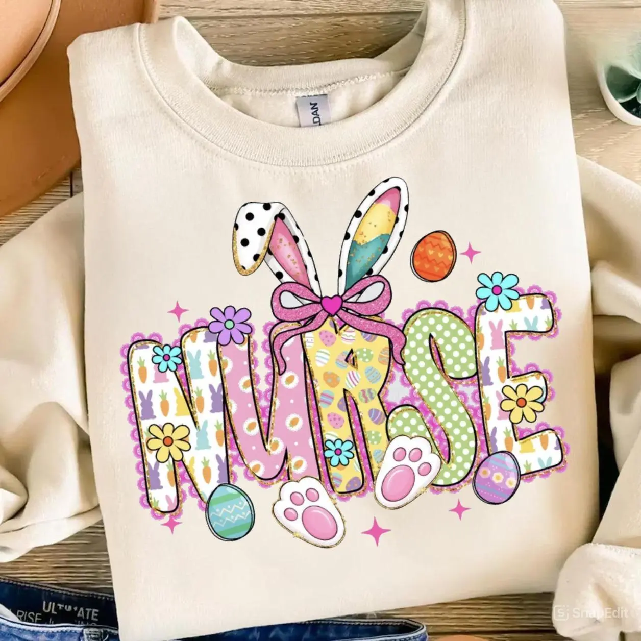 Women's Nurse Easter Bunny Cotton-Polyester Sweatshirt, Ribbed Long-Sleeve Classic Fit Crewneck with Cute Rabbit Ears, Printed Floral Egg Graphic, Comfortable Heavy Fabric Everyday Style Foldable Long-Length Spring Holiday Gift Pullover Top