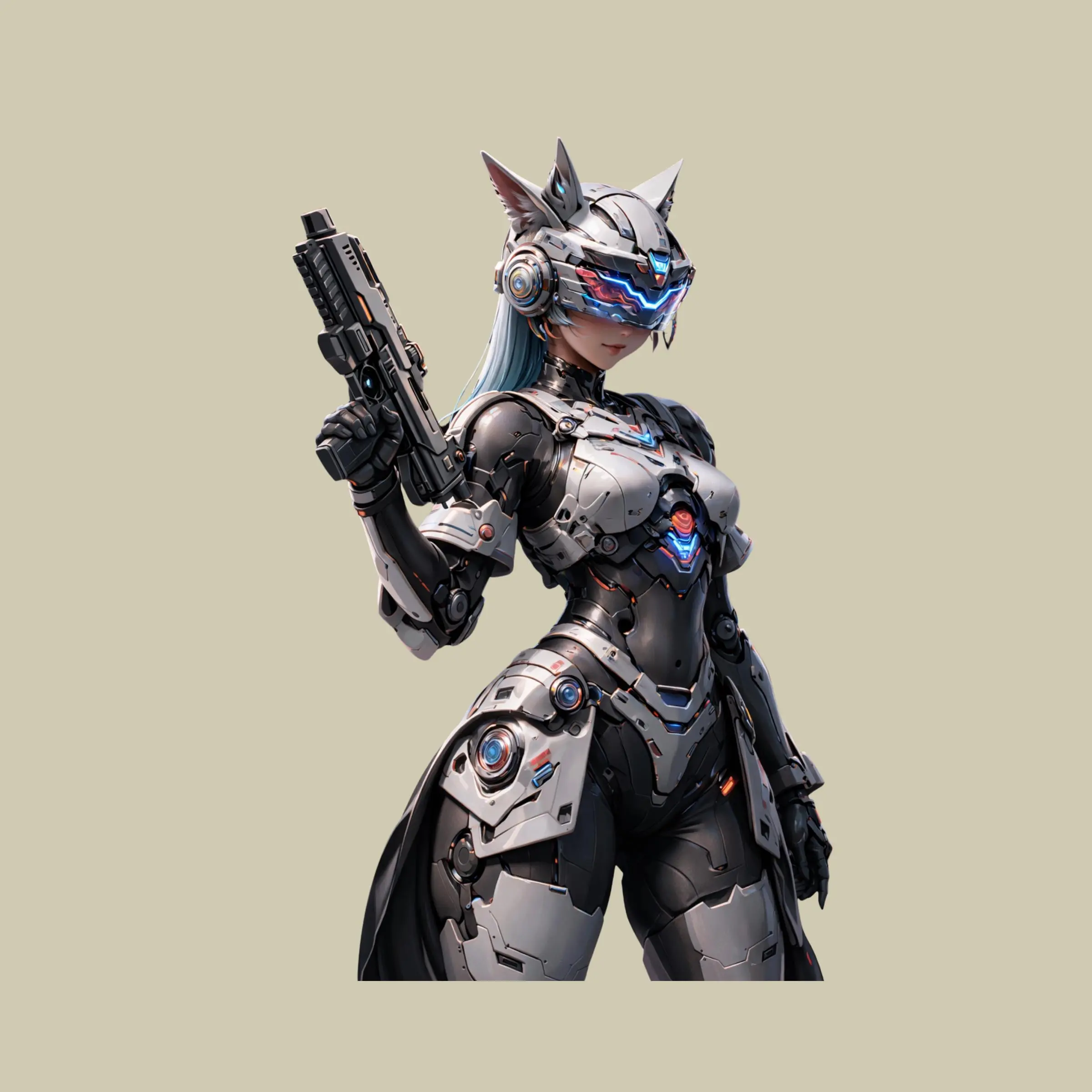 Cyberpunk Cat Helmet Mecha Girl Vinyl Sticker, Futuristic Anime Cyborg Decal for Laptop Water Bottle Car Phone
