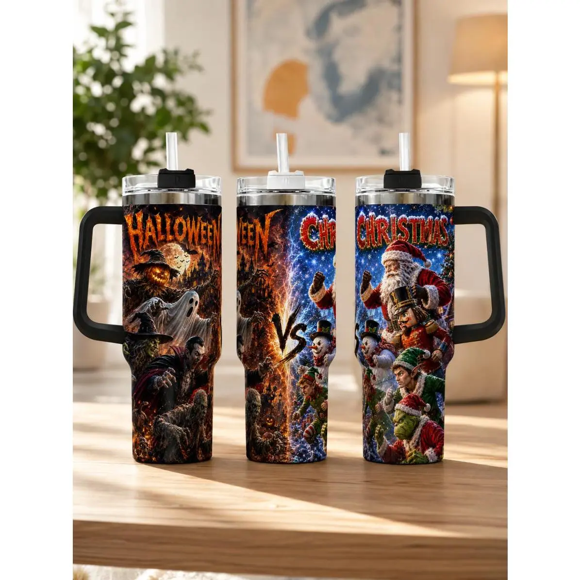 Halloween vs Christmas 40oz Tumbler, Spooky to Merry Holiday Travel Cup With Handle & Straw, Funny Horror Christmas Gift