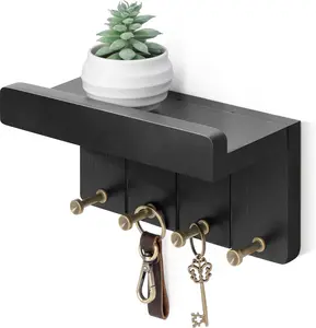 8 Inch Wall Mounted Key and Mail Holder - Premium Solid Paulownia Wood Organizer with 4 Extended 1.12 Inch Hooks, Modern Farmhouse Wall Decor, Compact Storage Rack for Keys Mails Leashes Bags, Easy Installation, Ideal Housewarming Gift