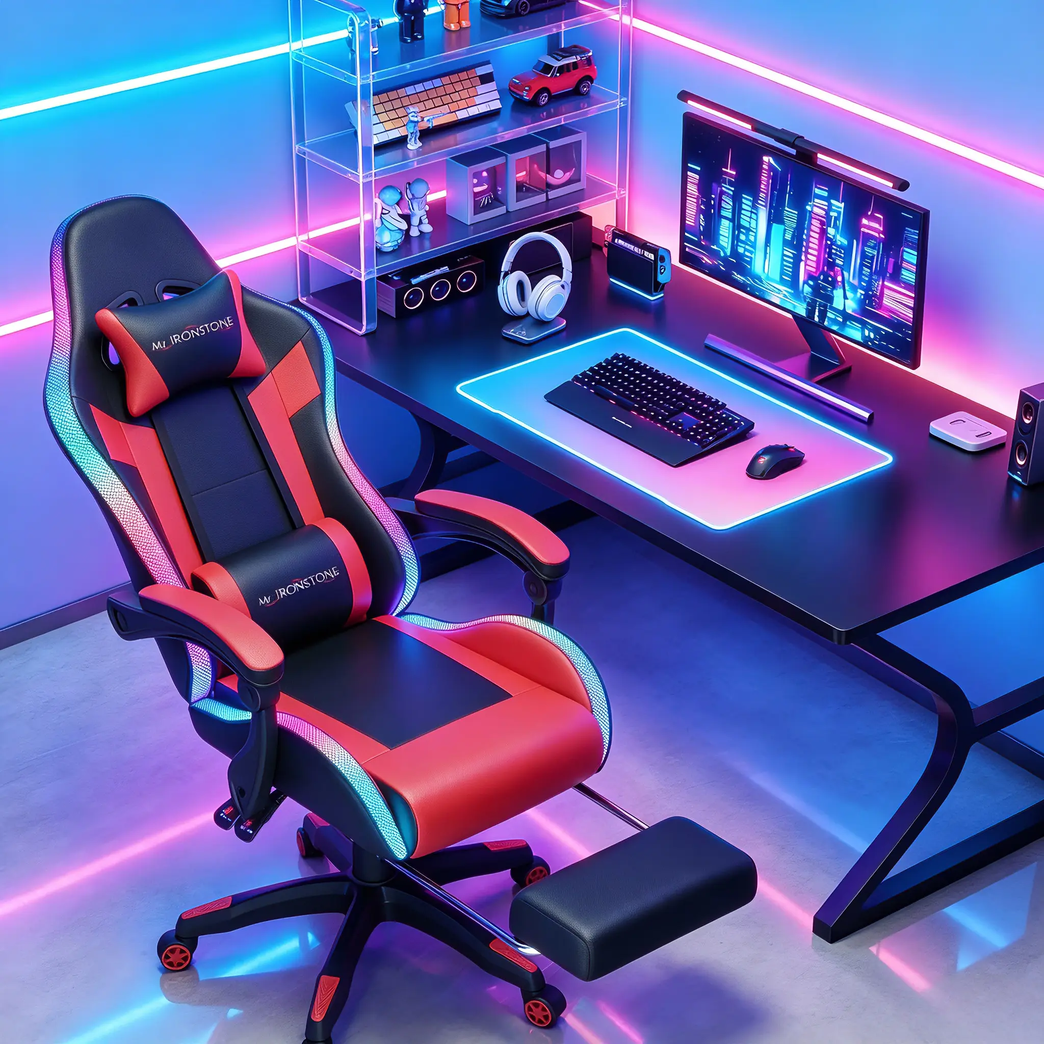 【RGB CHAIR】Mr IRONSTONE Gaming Chair, Computer Chair with Lumbar Support and Footrest Height Adjustable, Game Chair with 360°-Swivel Seat and Headrest, for Office or Gaming, Black/Red