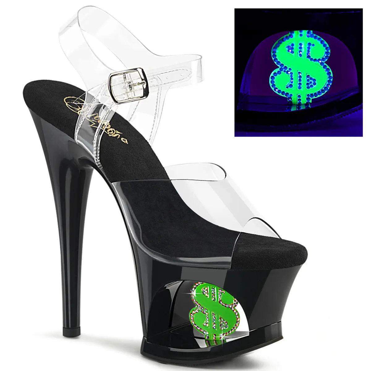Women's 7-Inch High Heel Platform Sandals, Moon-708 Style with Ankle Strap, Chunky Cut-Out Platform and Blacklight Reactive Rhinestone Dollar Sign, High Heel Shoes, Heeled