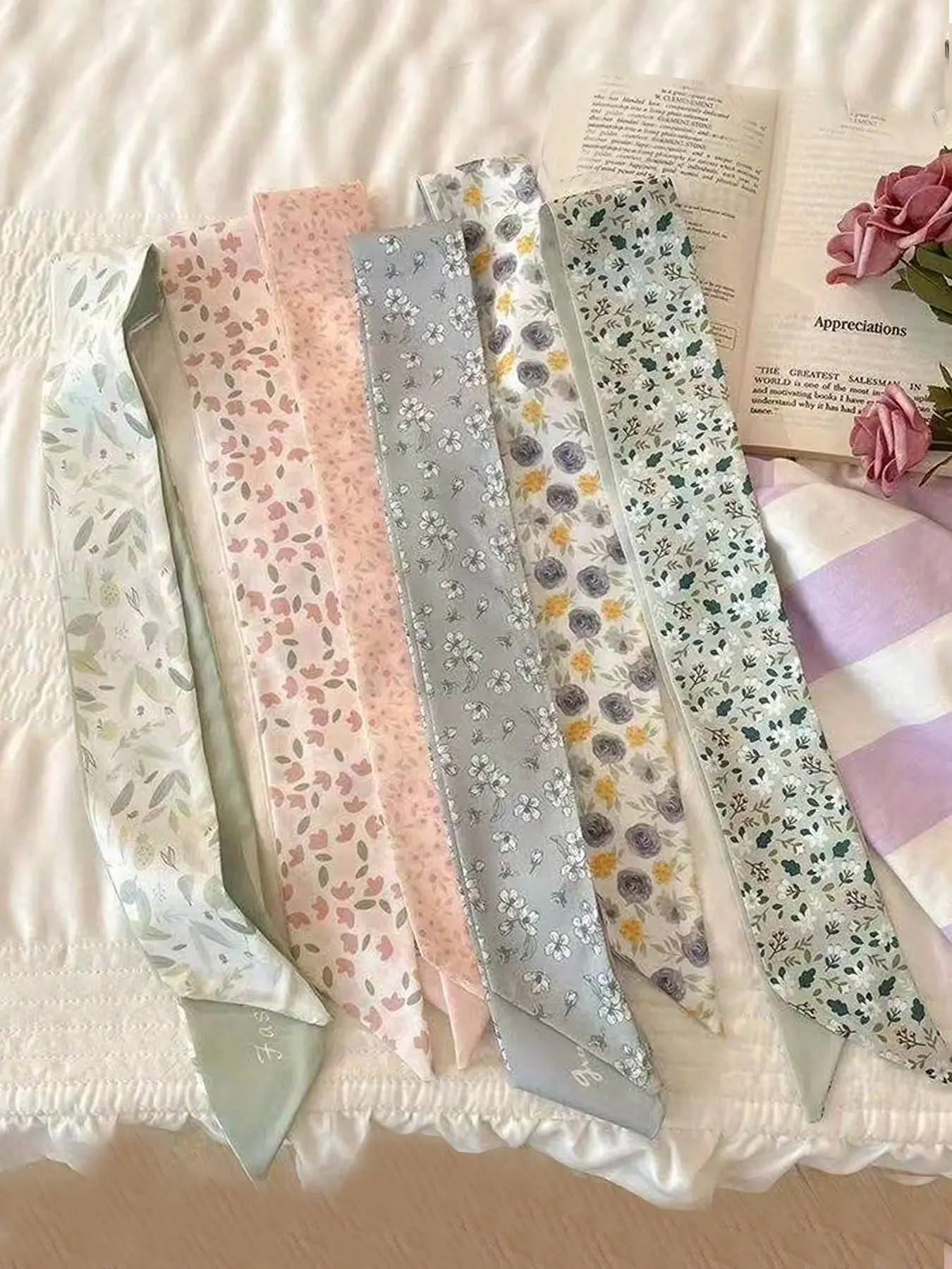 6 Pcs / 1 Set Elegant Floral Polyester Scarf Set for Women & Girls, Vintage Hairband, Woven Ribbon Belt, Fashionable Hair Accessories, Multi-Functional Accessory, All Seasons Wear