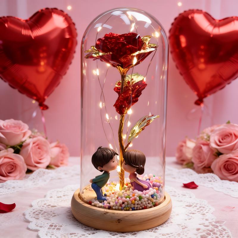 Valentine's Day Artificial Gold-Plated Rose with Creative Wooden Base and Glass Dome Featuring Couple Figurines, Multicolored Foam Balls, AA Battery Powered, Gift Box Packaging Ideal for Valentine's Day Gifts, Romantic Night Light for Bedroom Decor