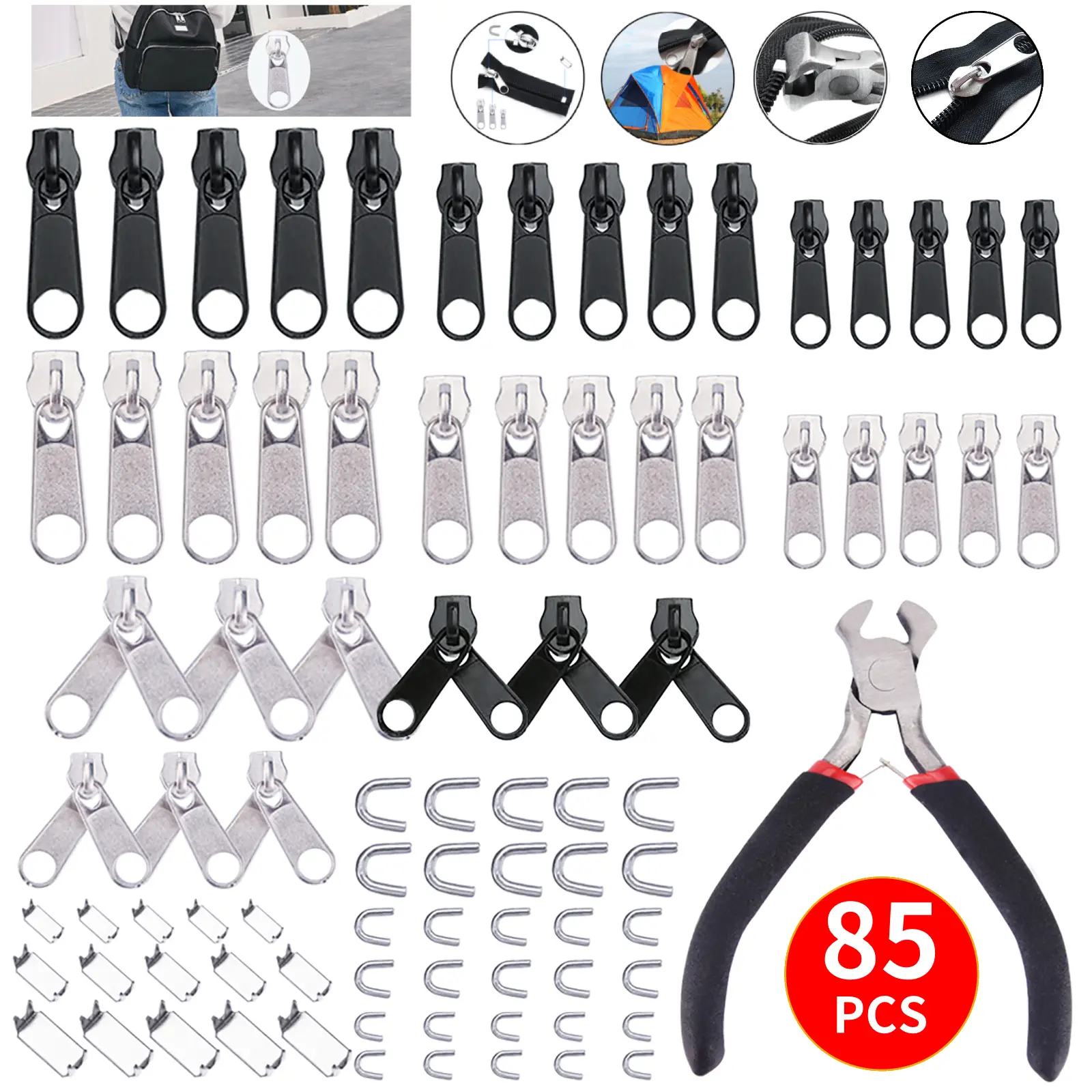 85Pcs Zipper Slider Repair Kit - DIY Metal Replacement Sliders(#3, #5, #8),Install Pliers Tool Zip Extension Pulls, Sewing Supply