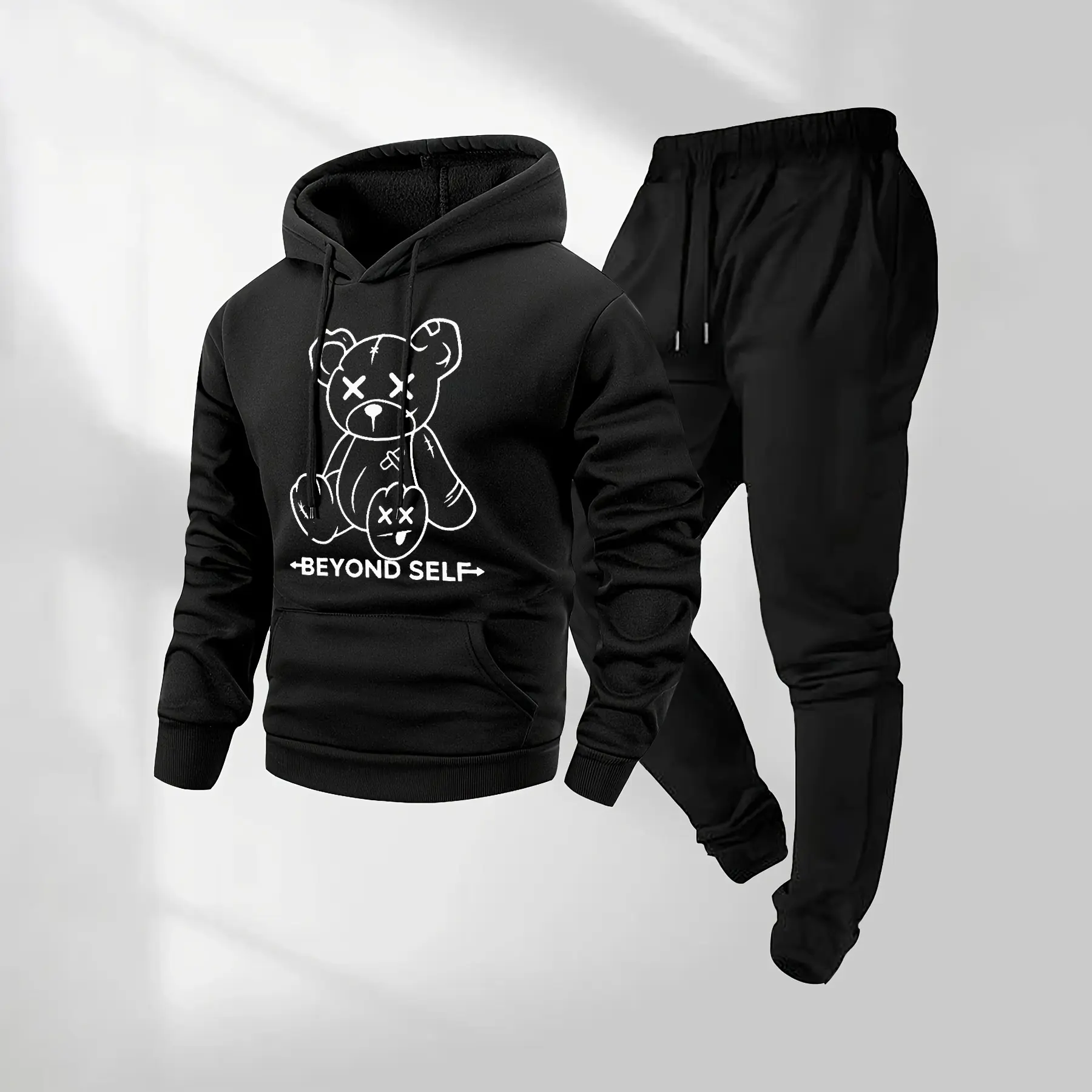 Men's Bear Patterned Hoodie And Drawstring Track Pants Set, Men's Casual Athletic Long-Sleeved Hooded Jacket And Pants, Suitable For Fall And Winter, Street Style Hoodie Set, Men's Everyday Wear, Indoor And Outdoor Sportswear, Tracksuit.