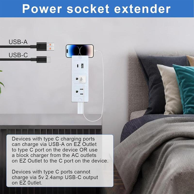 Rotating Wall Outlet Extender – 2 AC + USB-C/A Ports (34" Extension, Wall-Mountable & ETL Certified) | Space-Saving Power Solution for Home & Office,Portable ,easy to use