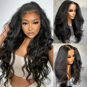 GARAXIS Lace Front Wig, 7x5 Natural Lace Glueless Yaki Wig, Black Pre-Cut Soft Layers, Pre-Plucked Hairline, 250% Density for Natural Yaki Body Look, Lace Front Wigs