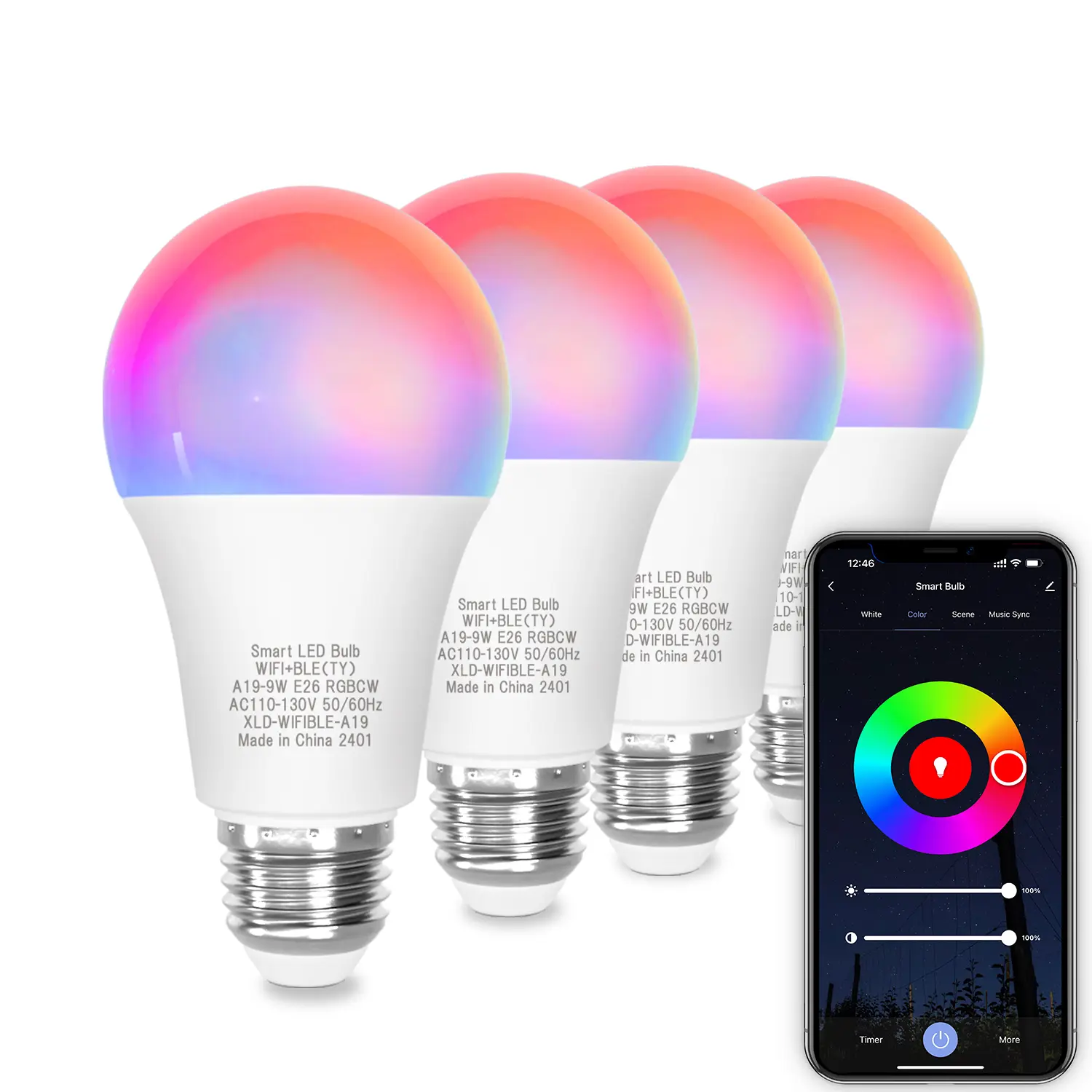 Smart A19 E26 LED RGB Color Changing Bulbs (2/4 Pack) - 2.4GHz WiFi & Bluetooth Connected, App-Dimmable Energy Efficient Mood Lighting, AC110-130V, Works with Alexa & Google Home, Schedule On/Off Automation, Modern Indoor Use