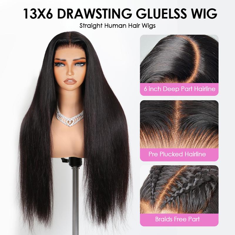 Pizazz Hair 13x6 Glueless Lace Frontal Wig Ear To Ear HD Transparent Lace Melted Skin Well Straight Human Hair Wigs With Drawstring , Pre Bleached , Pre Cut ,Pre Plucked Human Hair For Women