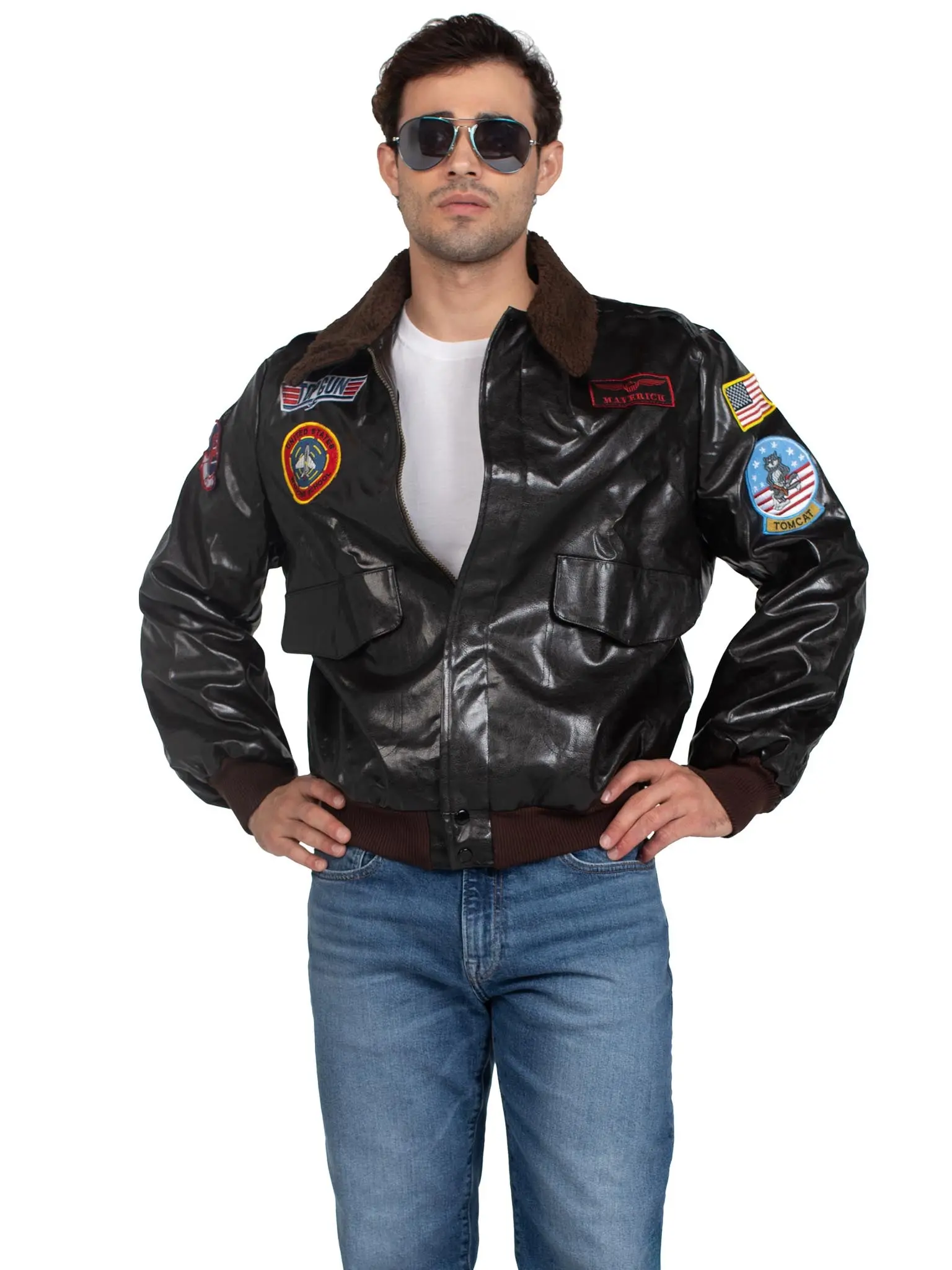 Men's Top Gun Maverick Bomber Jacket, Classic Faux Leather Halloween Costume with Embroidered Patches and Plush Collar, Cosplay, Topgun Costume, Jeans, Party, Top Gun Look, Coat, Top Gun Fans