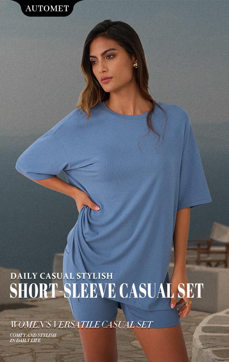 AUTOMET Women's Summer Two-Piece Set 2025 Casual Oversized Shirts Biker Shorts Matching Airport Travel Outfit Split Hem Lounge prettygarden woman