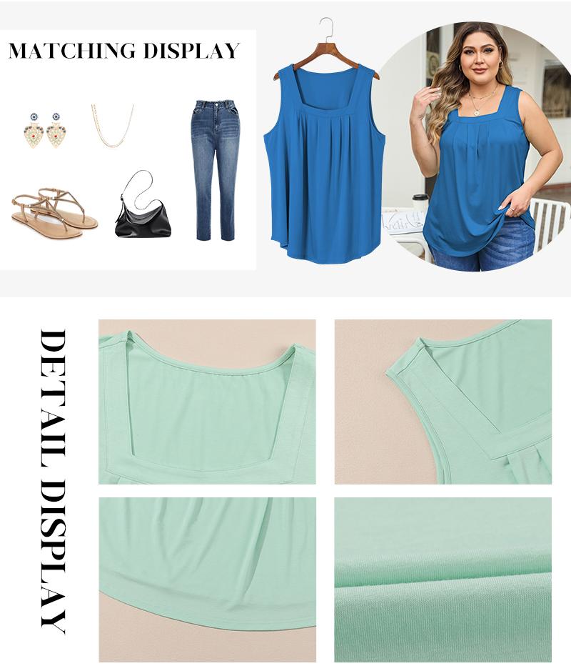 Eytino Women Plus Size Tank Tops Summer Casual Square Neck Pleated Sleeveless Blouse Shirts(1X-5X)