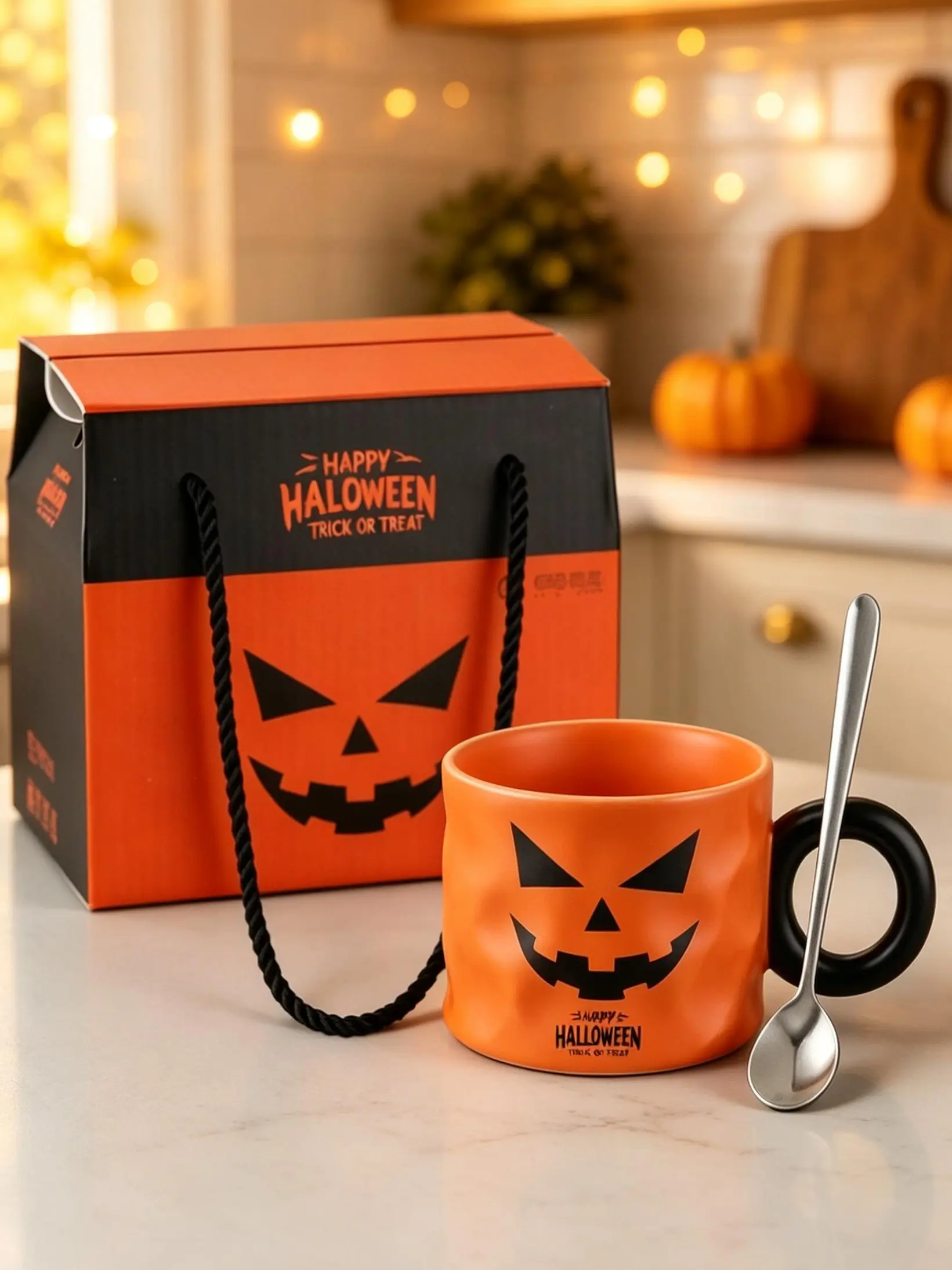 Halloween Haunted Pumpkin Face Ceramic Coffee Mug Set - Includes Stainless Steel Spoon, Premium Themed Gift Box, Funny Accent Beverage Mug for Halloween Festivities, Fall Holiday Tabletop Decoration, Coffee Mugs, Funny Accent Mug