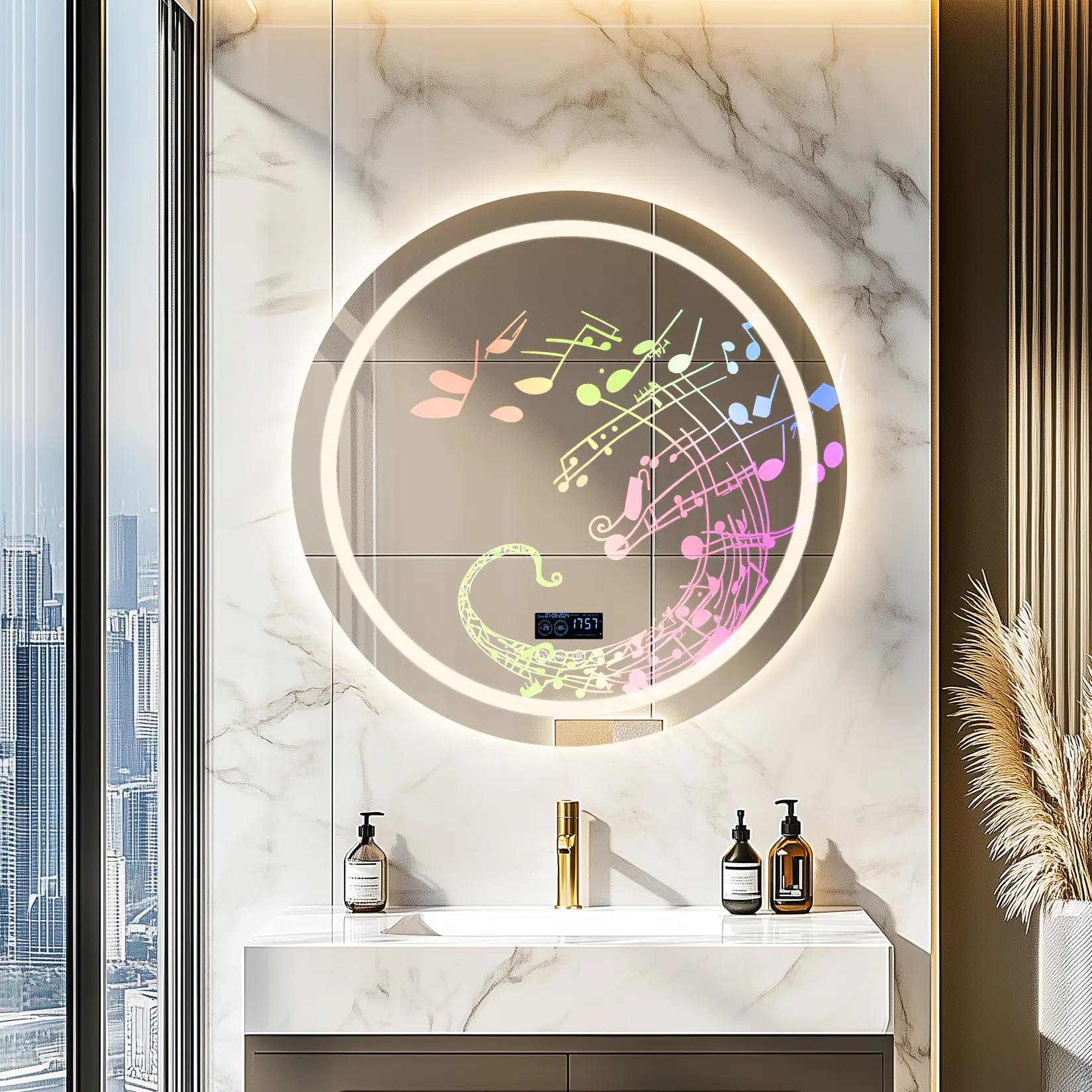 31.5 Inch Led Bathroom Mirror with Bluetooth Speaker, Wall Mounted Round Mirror, Lighted Samrt Vanity Mirror, Anti-Fog, Dimmable,