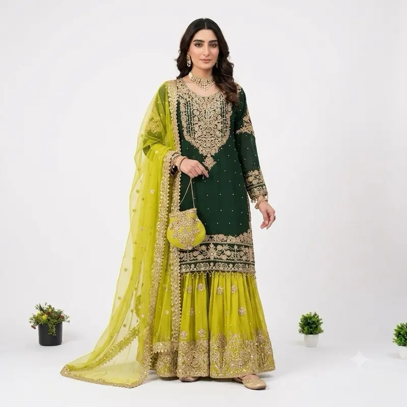 Women's Punjabi Style Suit Clothing Set - Multicolor, Trousers Included, XXL Size, End-of-Stock Clearance Sale