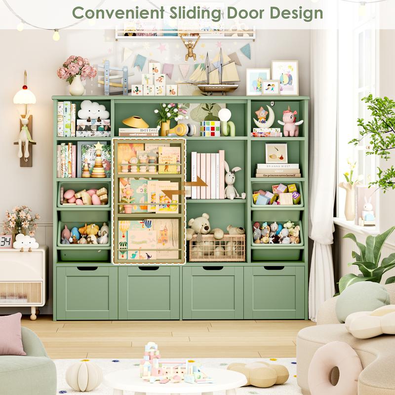 FOTOSOK 55.1" W Toy Storage with Sliding Bookshelf, Large Kids Bookshelf with 4 Movable Drawers and 4 Bins