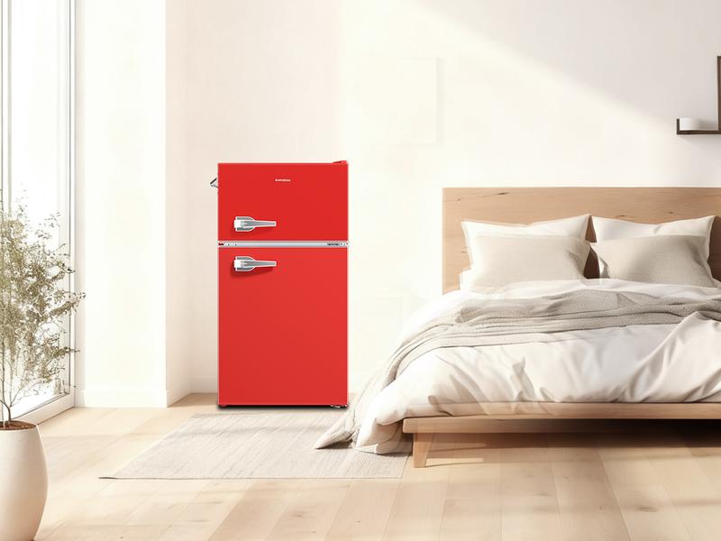 BANGSON Retro Fridge 3.2 Cu.Ft Mini Refrigerator with Double Door & Freezer Adjustable Thermostat Energy-Efficient LED Light Red Household Appliance Gift idea Christmas Gift