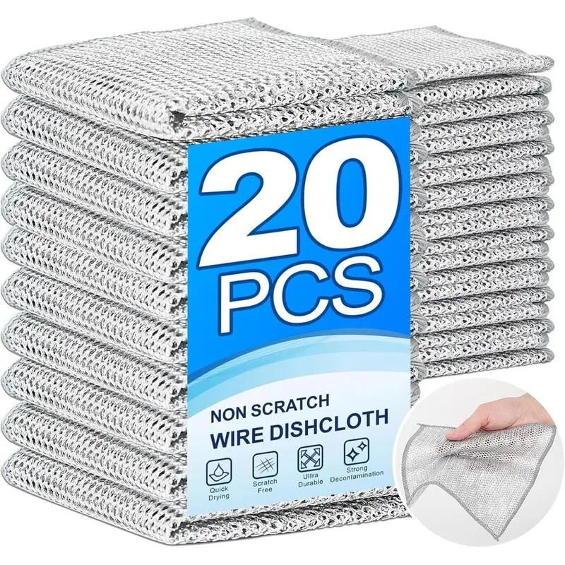 Multipurpose Metal Mesh Wire Dish Wash Cloths Pack (10/20pcs) - Non-Scratch, Reusable, Multifunctional Camping & Hiking Kitchen Cleaning Supplies, Eco-Friendly for Dry-Damp Scrub Use