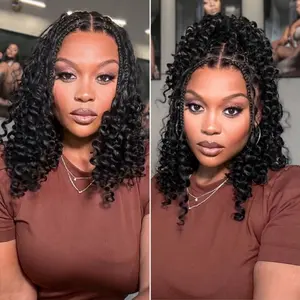 Braided Wig Knotless  Braids Wig 16''Boho Briaded Wigs Box Braid Human Hair Curls Flexi-Fit Invisi Drawstring Cap HD Full Lace Super Natural Scalp