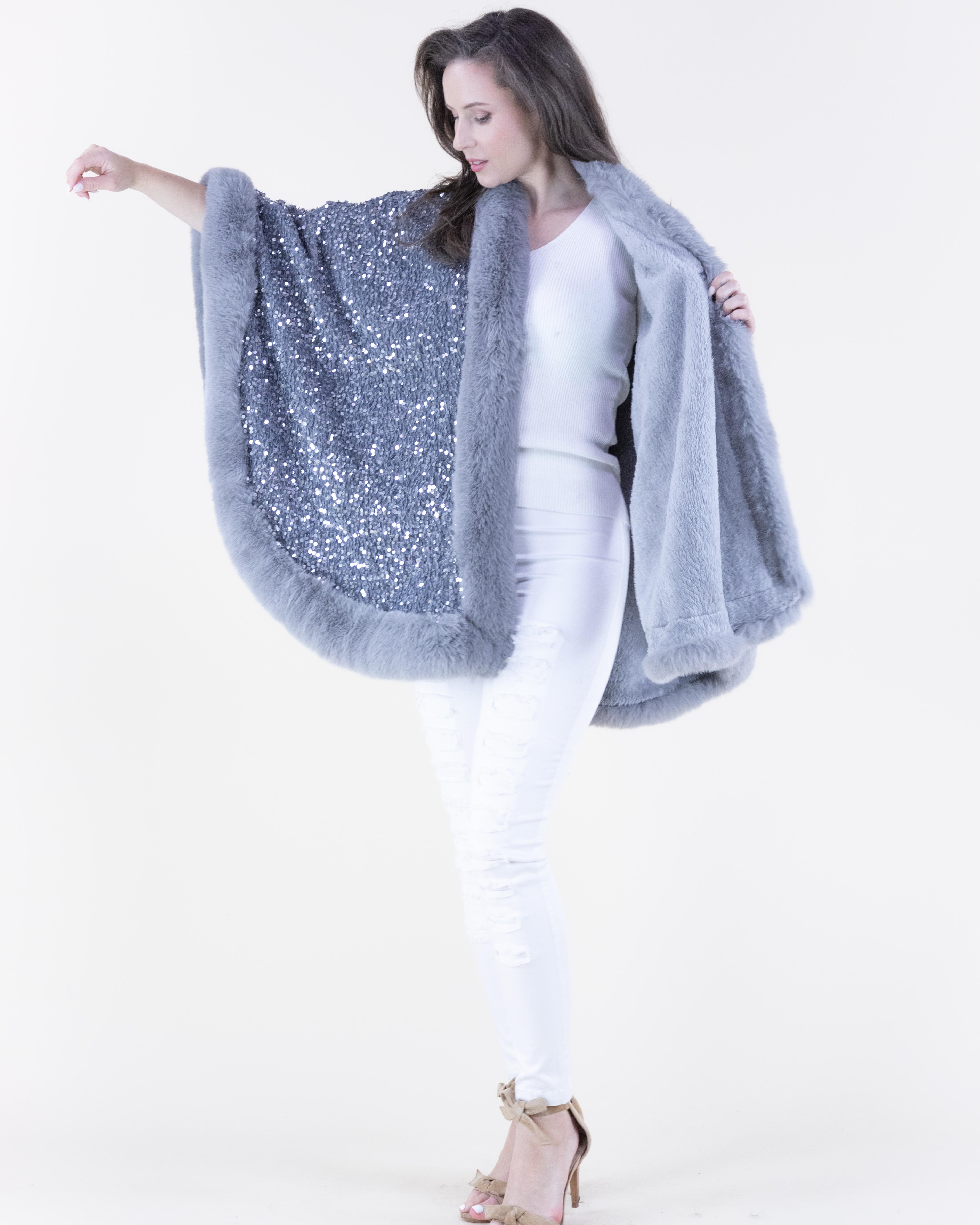 Women's Luxurious Sequin Faux Fur Trimmed Evening Cape Poncho - Elegant Outerwear for Special Occasions Women's Luxurious Sequin Faux Fur Trimmed Evening Cape Poncho - Elegant Outerwear for Special Occasions
