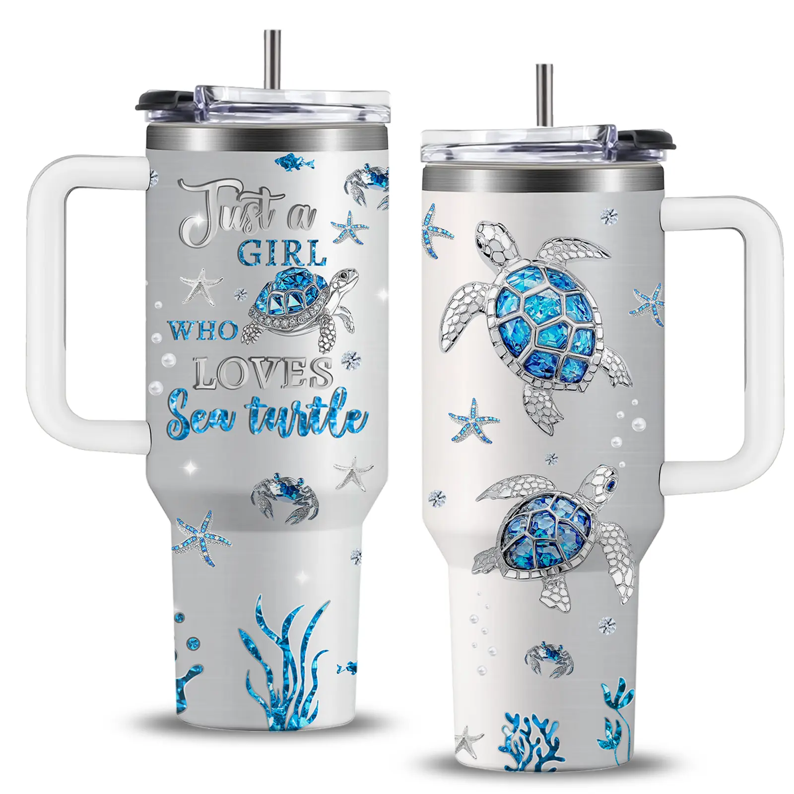 40oz Stainless Steel Insulated Vacuum Flask Tumbler - Sea Turtle & Marine Life Beach Coffee Drinkware with Straw, Handle, Ideal Women's Gift for Birthday, Christmas,dorm essentials,home decor,home essentials,camping essentials