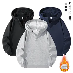Men's Autumn & Winter Fleece Lined Hoodie - Comfortable and Skin-Friendly; Features Ribbed Cuffs and Buttoned Front Placket; Perfect for Everyday Commutes and Weekend Outings; The Fleece Lining Provides Windproof Structure, Making This Hoodie an Essential