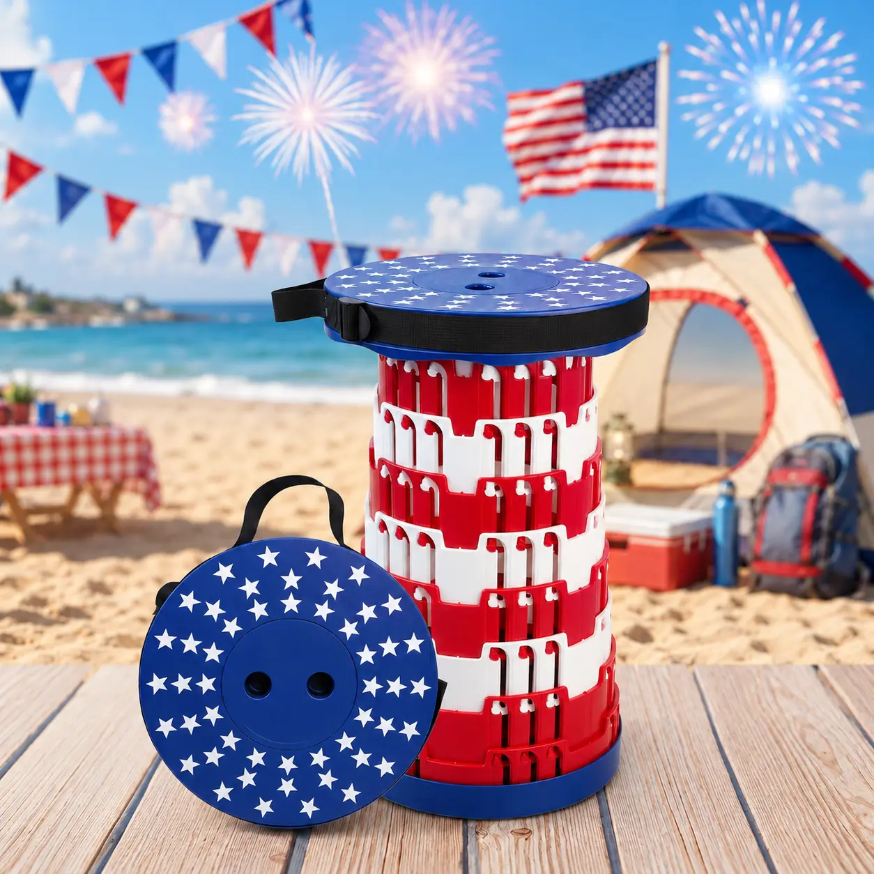Collapsible Stool, Portable Telescoping Folding Seat with Patriotic Design, Heavy Duty Compact Seat for 4th of July Fireworks, Parades, Camping, BBQ, Picnics, Fishing, Hiking & Outdoor Events