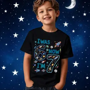 Unisex 7-Year-Old Birthday T-Shirt |     "I Was 6 Now 7 & 67" Fun Number Design, Casual Top For Boys, Crew Neck, Regular Fit, Suitable For All Seasons Soft and breathable round-neck casual T-shirt, suitable for 7-year-old boys - comfortable birthday party