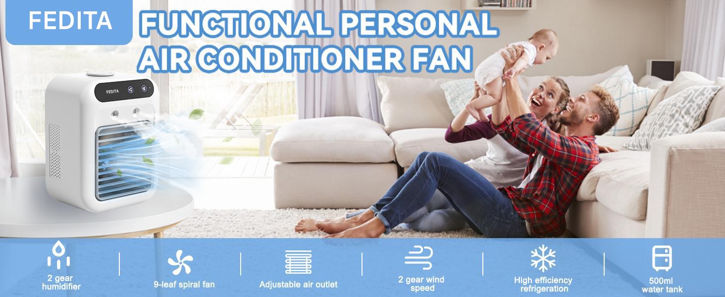 FEDITA Portable 3-In-1 Fan with 2-Speed Mist Fan, Built-In 1800mah Battery, Mnini Air Fan  for Traveling, Office, Living Room, Bedroom