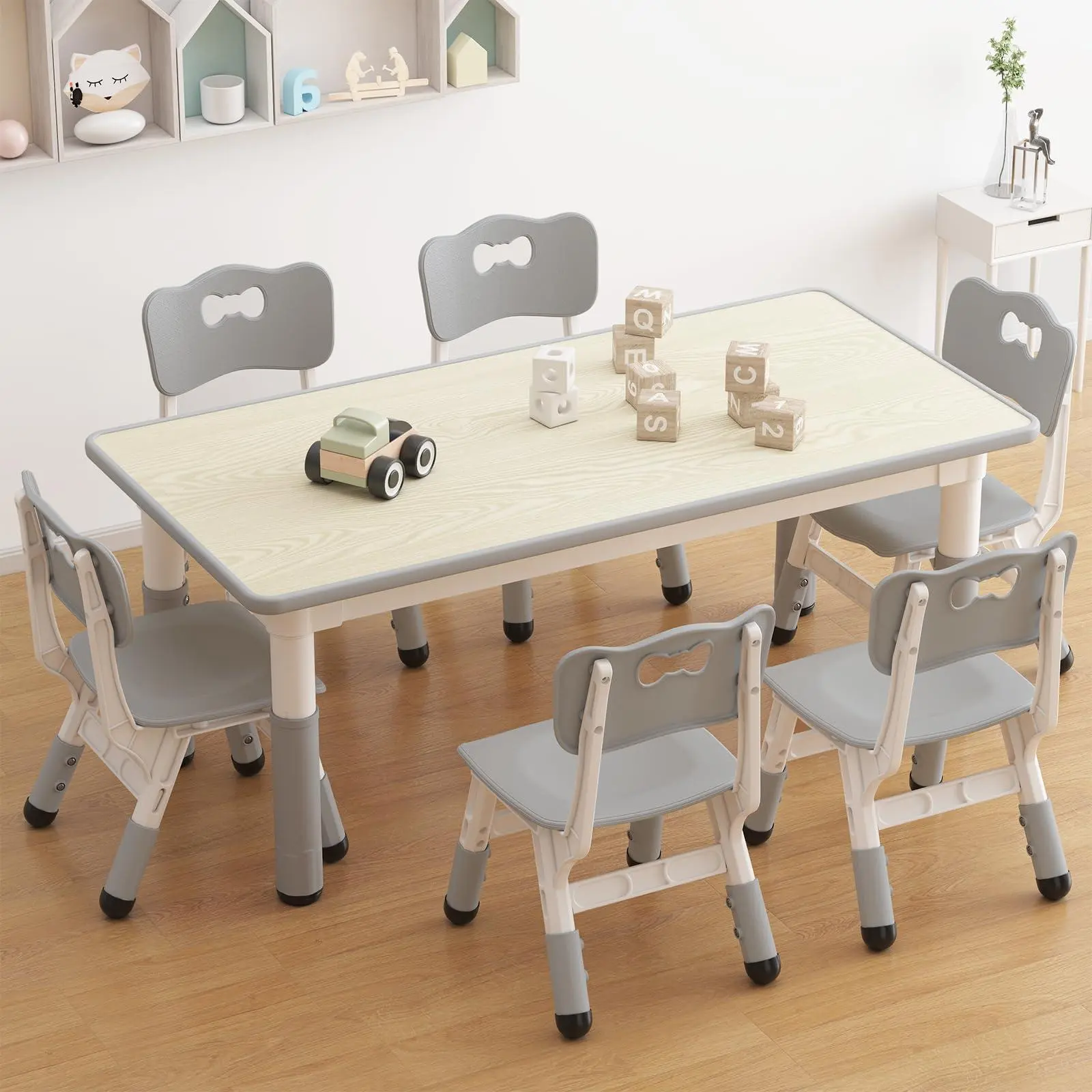 Kids Table and 6 Chairs Set, Height Adjustable Toddler Table and Chair Set with Graffiti Desktop and Non-Slip Legs,for Home Daycare for Ages 2-8 Adjustable Multi-Use Activity Table Dining Furniture