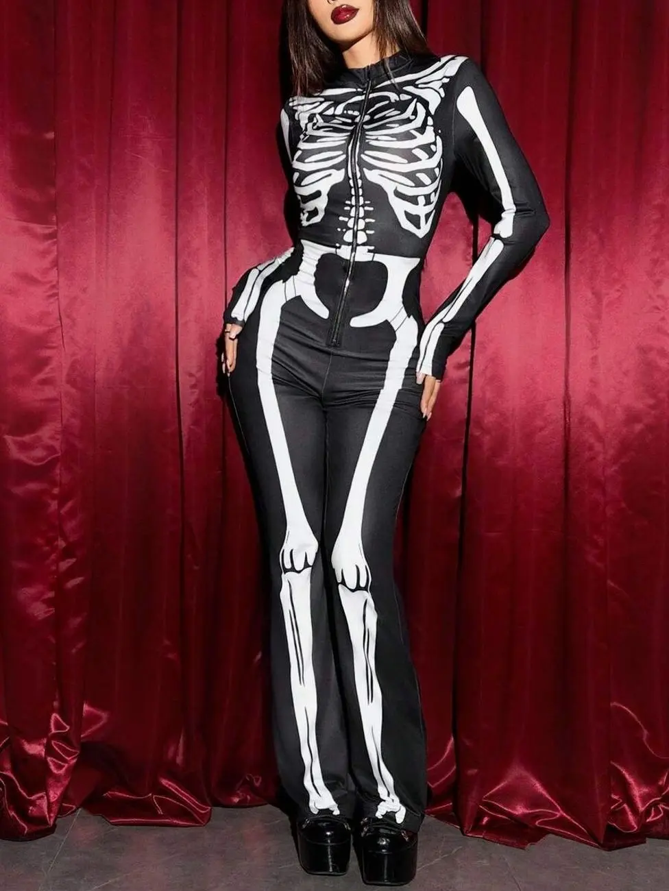 Women's Halloween Skeleton Jumpsuit, Long Sleeve Mock Neck Bodysuit with Front Zipper, Gothic Skeleton Print One-Piece Outfit for Halloween Party, Costume Events, Cosplay, Club & Night Out