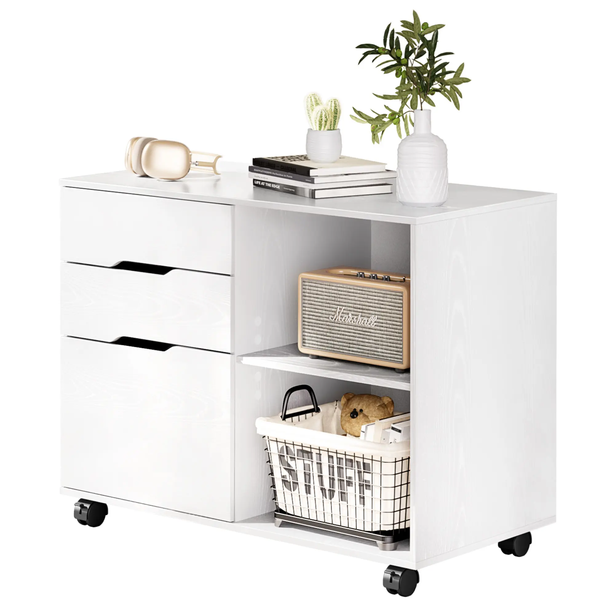 Modern 3-Drawer Lateral Filing Cabinet, Mobile Organization Desk for Home Office, Printer Stand with Open Storage Shelves
