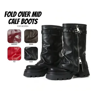 Womens Fold Over Boots Mid Calf Boot Slouchy Platform Lug Sole Round Toe Chunky Heel Metallic Fashion Buckle Belt Side Zipper Gaiter Gothic Punk Spring Motorcycle Combat Riding Shoes