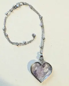 Amethyst Heart Necklace – Stainless Steel Crystal Pendant – 18 Inch Beaded Chain – Healing Crystal Jewelry – February Birthstone Gift