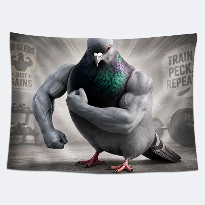 Funny Muscular Pigeon Decorative Tapestry - Lightweight Removable Bodybuilder Bird Wall Hanging, Humorous Gym Workout Fabric Wall Art, Bold Fitness Room Decor for Home Gym, Bedroom, Unique Gift for Fitness & Bird Fans, Photo