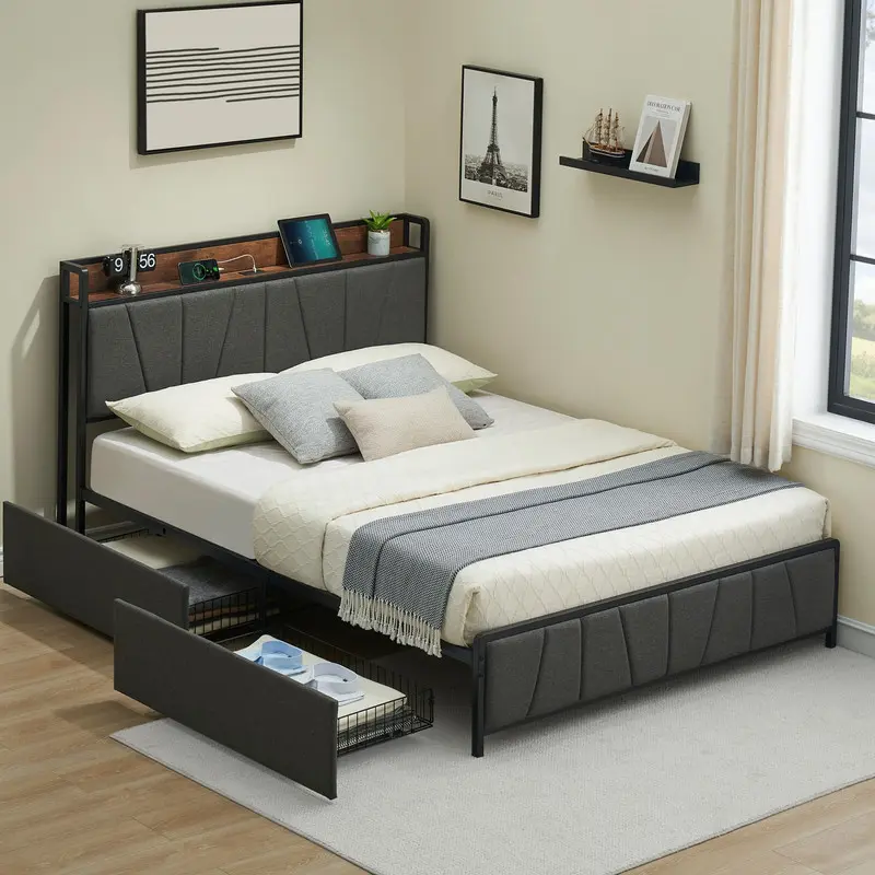 Full Size Linen Upholstered Bed Frame with Storage Headboard and 2 Drawers,Platform Bed with Built-in Charging Station,No Box Spring Needed