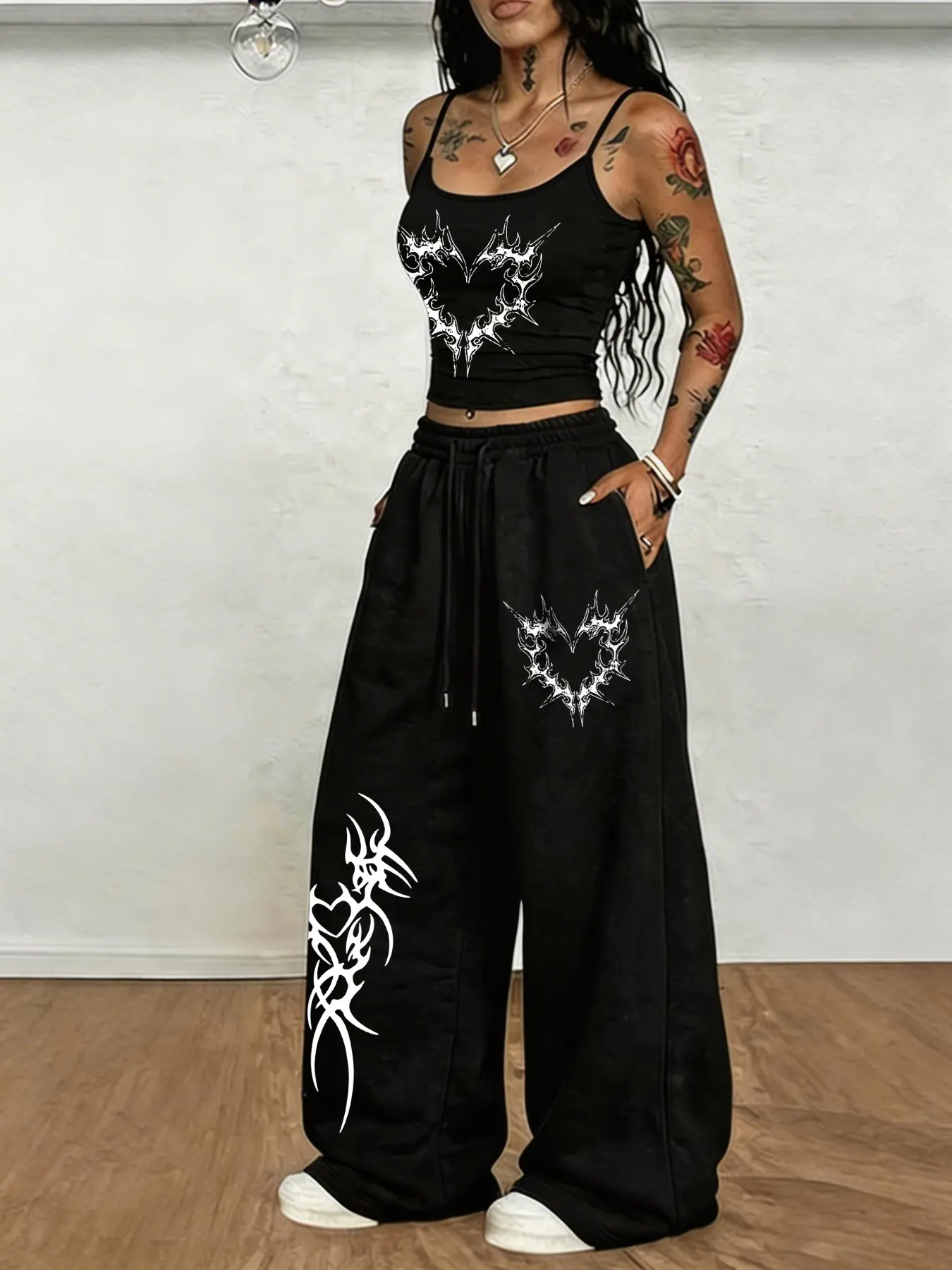 Black Tribal Heart Spikes Print Crop 2-Piece High Waist Pants Set - 2026 Trending Y2K Goth Statement Style Outfit, Soft Stretch Fabric Perfect for Festivals & Streetwear Two Piece Set