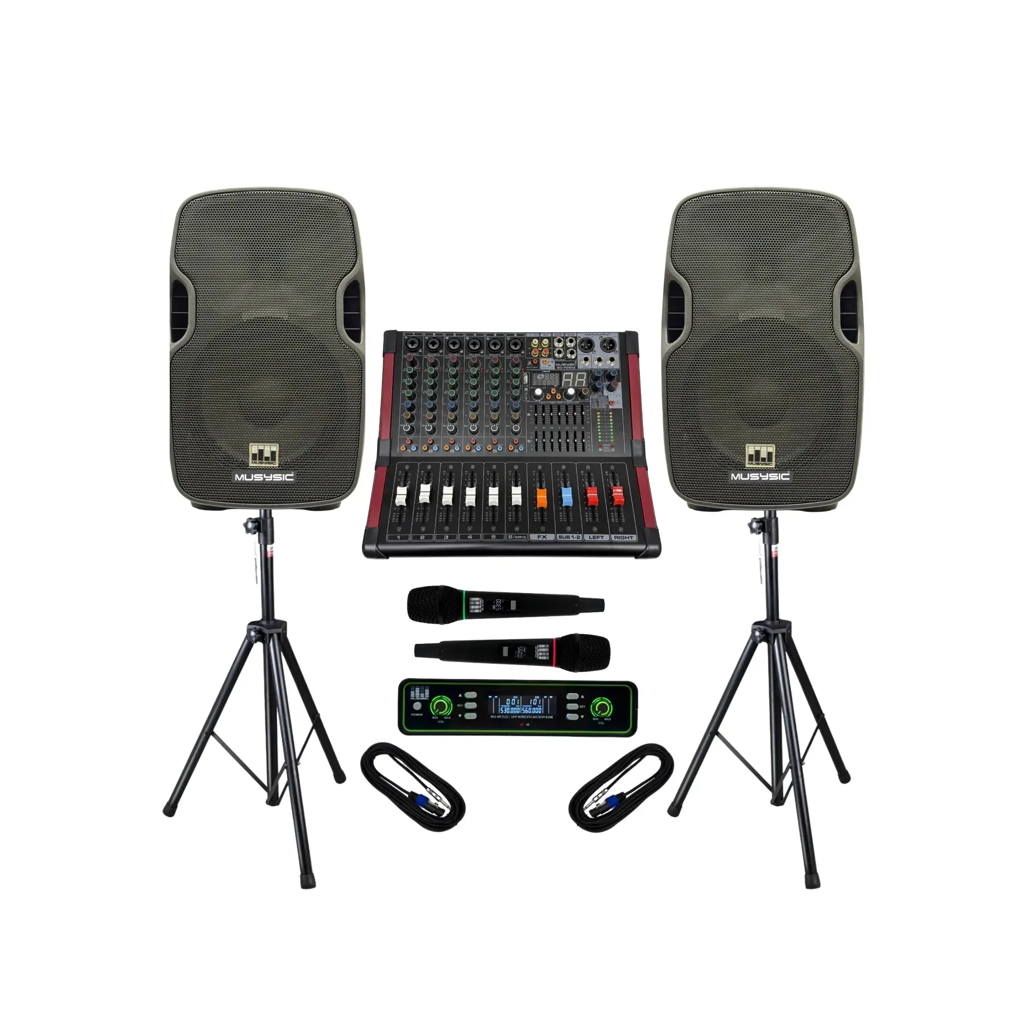 MUSYSIC MU‑PAS12 Complete PA System – Powered 6‑Channel Mixer, Dual 12" Speakers, Wireless Mics, Stands, and Cables