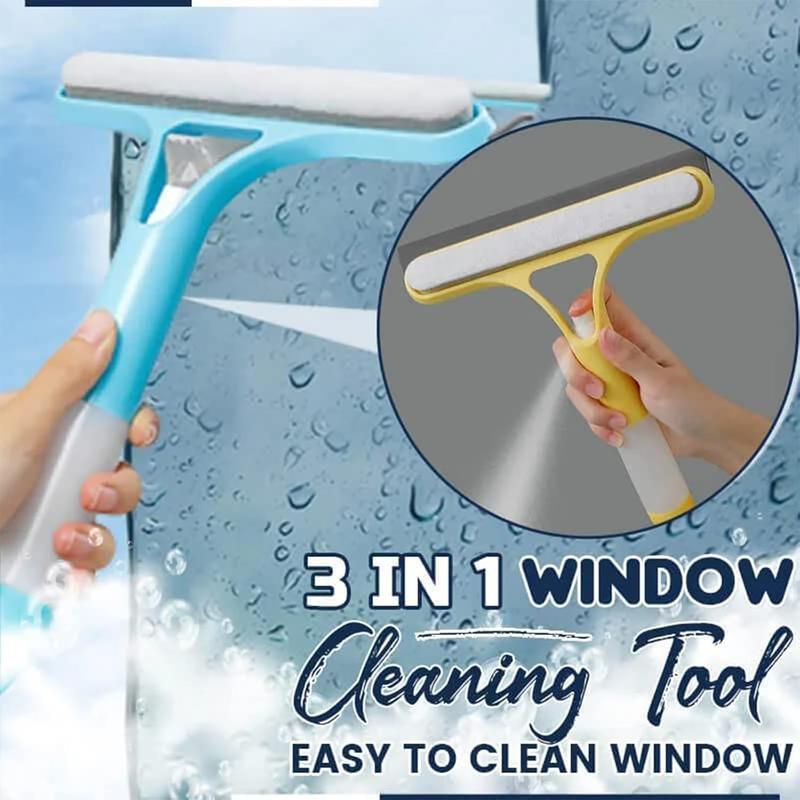 3 in 1 Window Cleaning Scraper, 2025 New Squeegee for Shower Glass, 3 in 1 Spray Function for Glass Doors for Windows Glass, Mirrors Scraper, Brush. All-Purpose Window Cleaner Tool