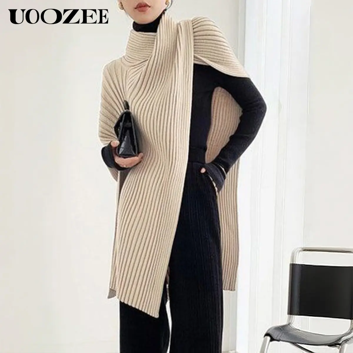 UOOZEE Women's Elegant High Neck Knit Sweater - Oversized Vintage Draped Casual Pullover Top with Asymmetric Split Hem, Foldable, Plus Size, Baggy Loose Fit, Nylon Knitwear, True-to-Size Fit Simplifies Shopping, for Work, Christmas