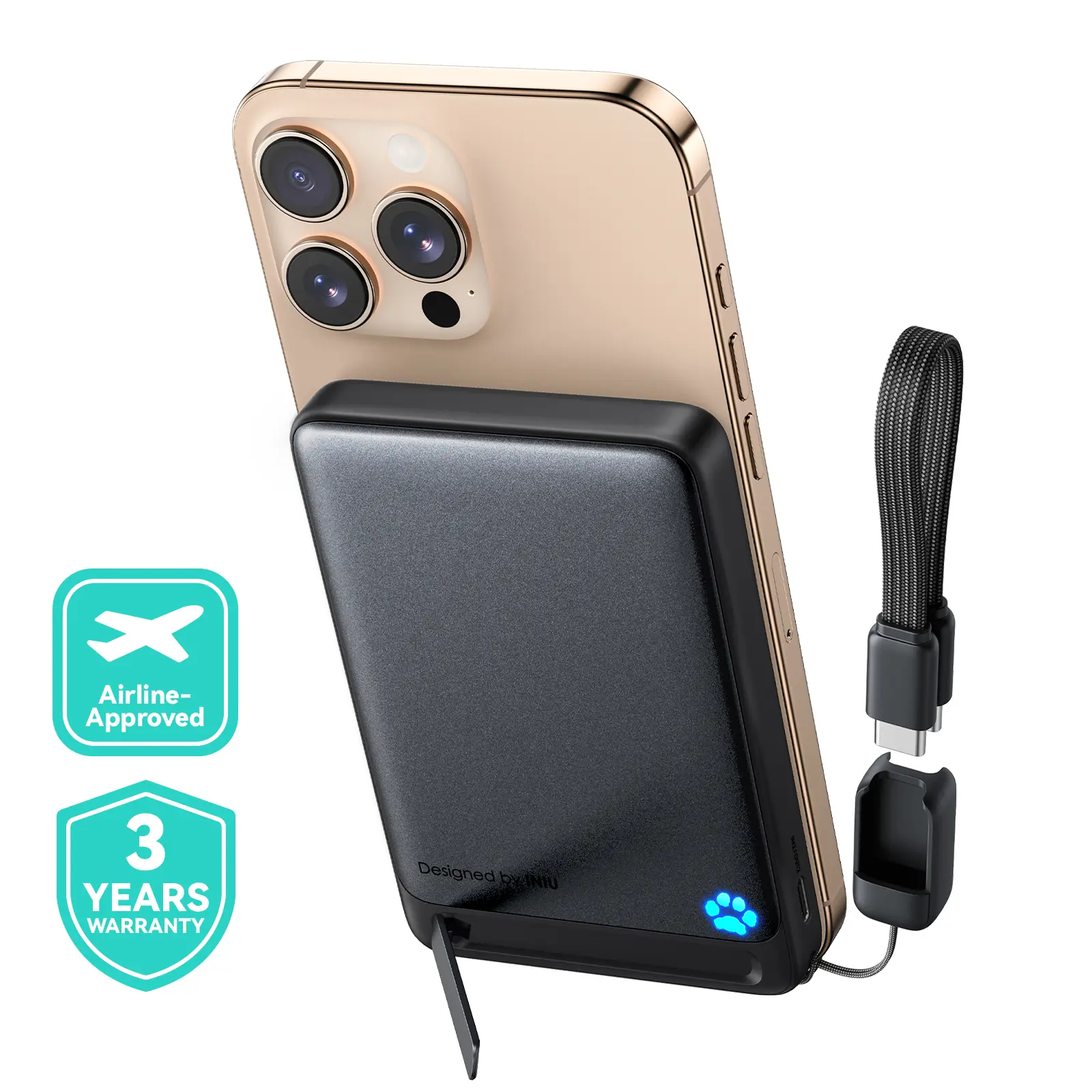 INIU MagFino Qi2 Certified 15W 10000mAh Magnetic Portable Charger with Built-In Foldable Stanｄ, Ultra Slim 45W Fast charging Power Bank Travel Wireless Metal Battery Pack, Detachable Lanyard USB C Cable Phone Charger for iPhone 17 16 15 14 13 12 Series,su