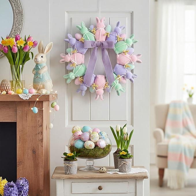Easter Decorations Easter Flocked Bunny Wreath with Colorful Easter Eggs & Bows Rustic Spring Hanger Wall Wreath Decor for Front Doors Home Farmhouse Porch Wall Indoor Outdoor Window Bunny Decorations Party Backdrop Door Wreath