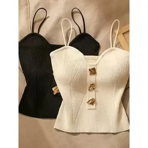 Women's clothing [1pcs Elegant Tube Tops] 1pcs Knit Tops | V-Neck, Mock Neck Camisoles in Black and White, Faux Button Details, Perfect for Outerwear or Layering, Adult Fashion, Solid Color, 100g/m² Fabric Weight Chic Womenswear Gamis Basic