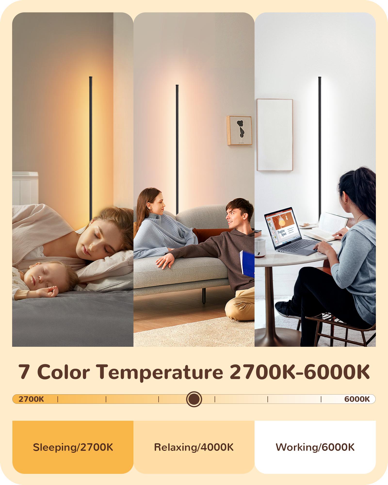 EDISHINE Corner Floor Lamp Minimalist Dimmable Lighting with Remote Standing LED 57.5 Inches Tall for Living Room Bedroom Home Office 7 Color Temperature 2700-6000K  HLFL02P Eye-Caring Cozy Light RF-433 Remote Control