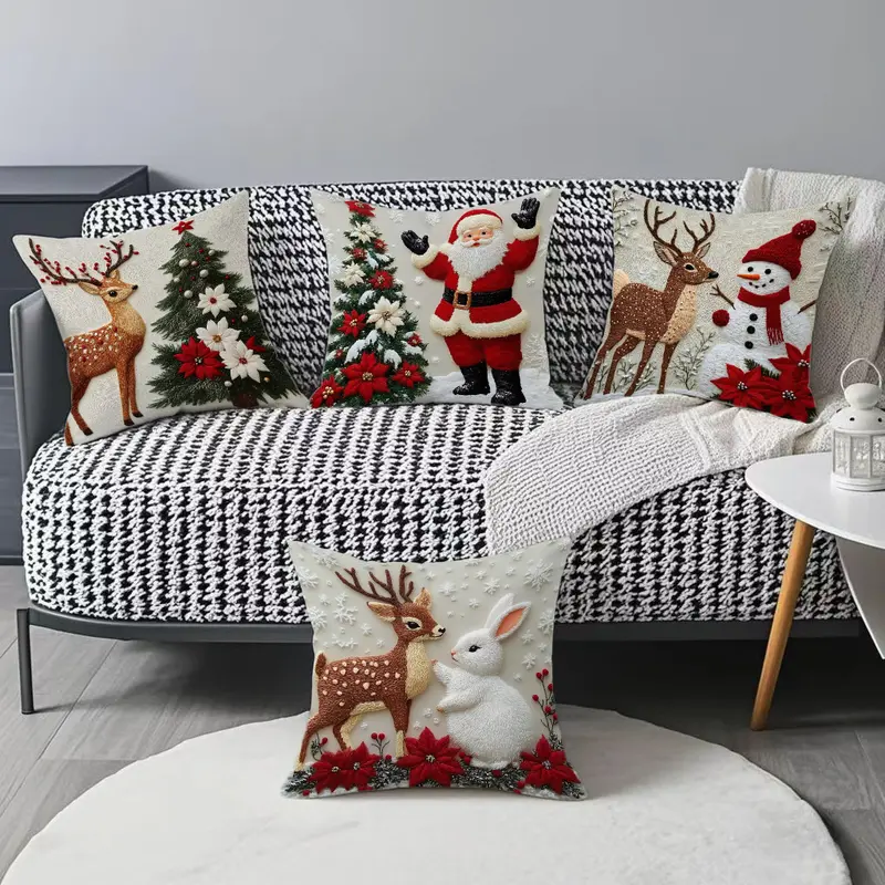 Neutral Square Christmas Pillow Set (Pack of 4) - Santa + Rabbit Combination, Reindeer Pattern, Christmas Style Home Goods, House Decoration, Living Room Soft Decoration, Holiday Party Supplies